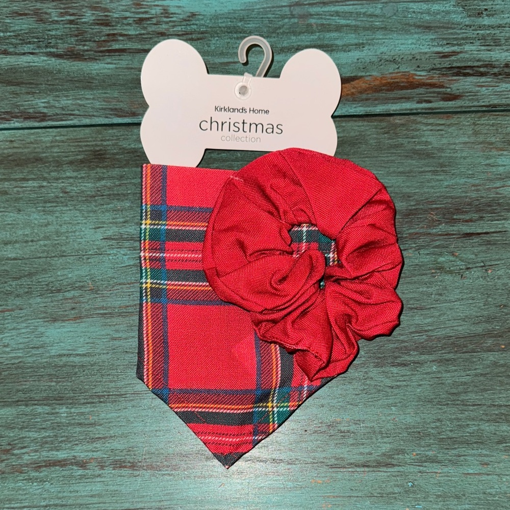Kirklands Festive Red Plaid Dog Bandana and Matching Human Scrunchie Set
